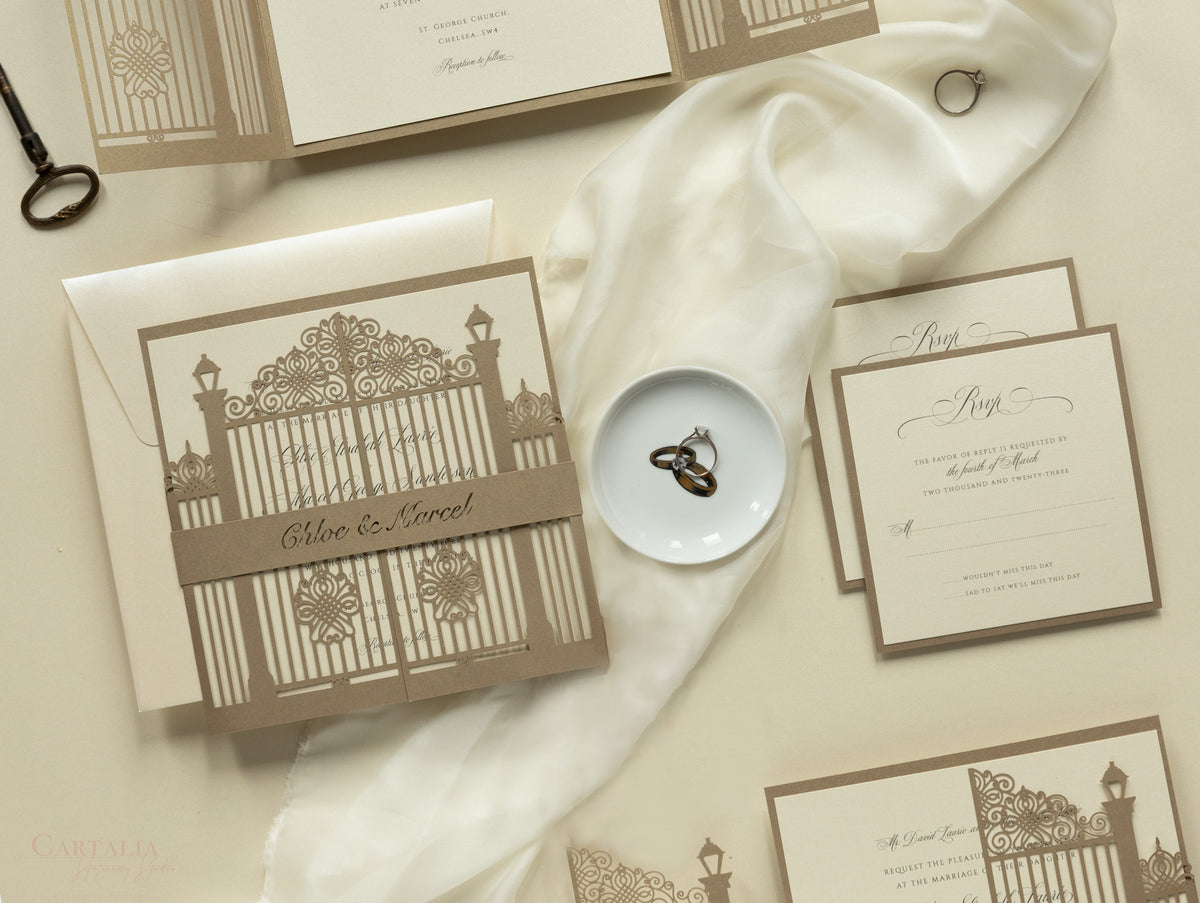 Romantic Ornamental Gate Laser Cut Wedding Invitation Set with RSVP and Personalised Belly Band