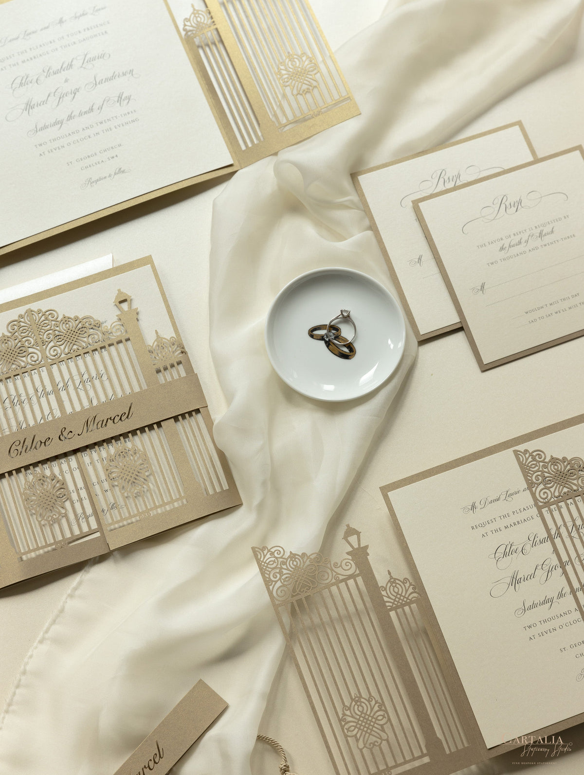 Romantic Ornamental Gate Laser Cut Wedding Invitation Set with Rsvp and Personalised Belly Band