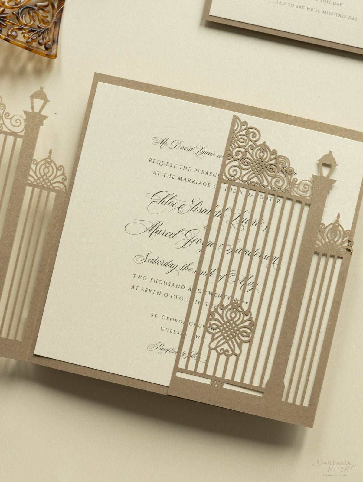 Romantic Ornamental Gate Laser Cut Wedding Invitation Set with RSVP and Personalised Belly Band
