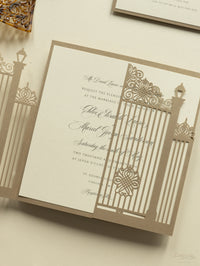 Conjunto de invitación de boda con corte láser y puerta ornamental romántica con Rsvp y banda para el vientre personalizada