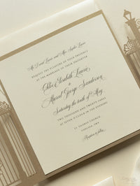 Romantic Ornamental Gate Laser Cut Wedding Invitation Set with RSVP and Personalised Belly Band
