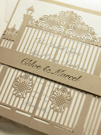 Romantic Ornamental Gate Laser Cut Wedding Invitation Set with RSVP and Personalised Belly Band