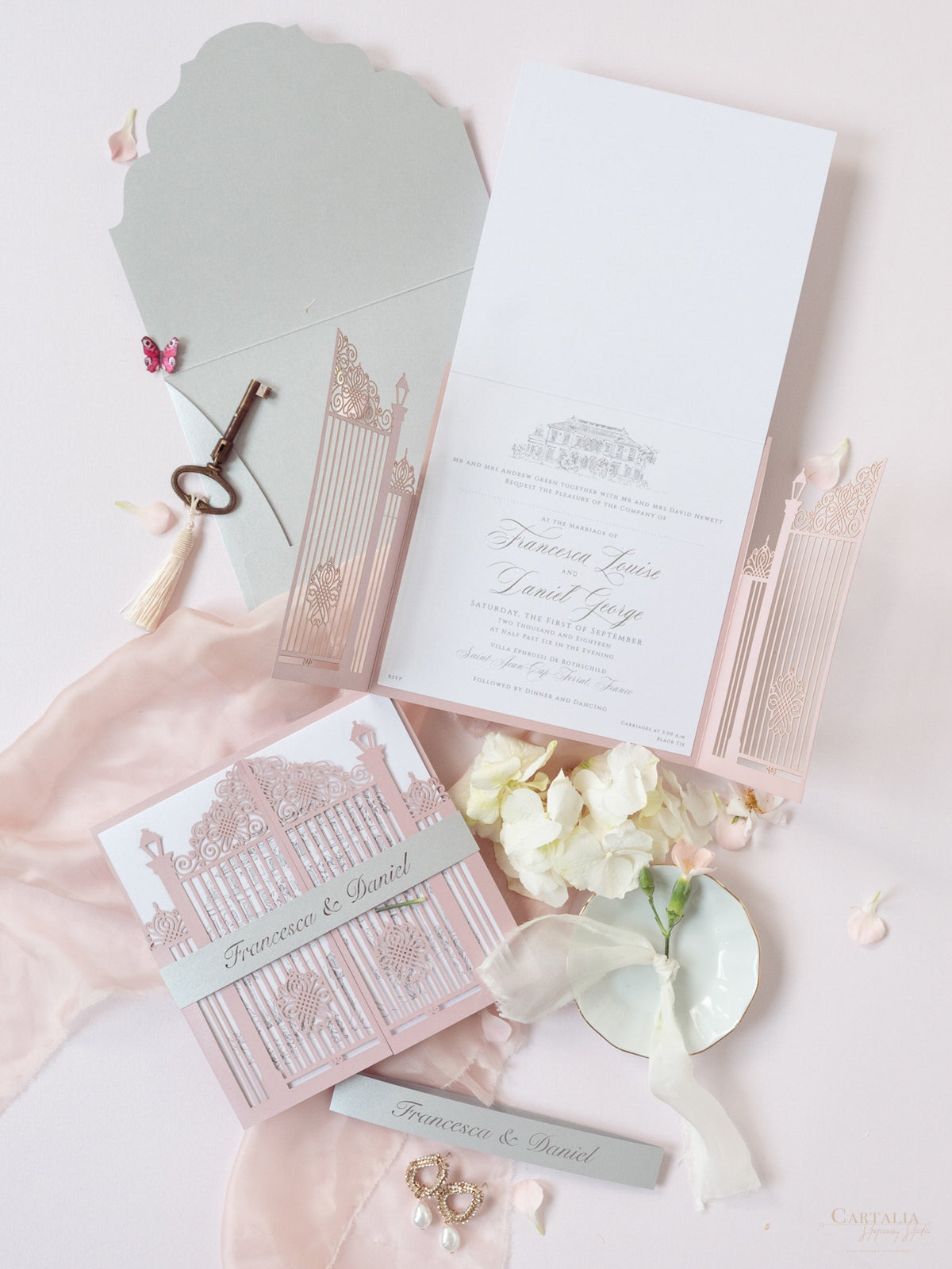 Bespoke Commission Illustration Venue Ornamental Gate Laser Cut Modern Square Wedding Invitation Die Cut Envelope + Rsvp Card