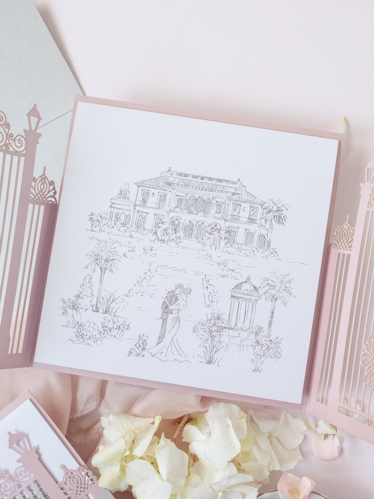 Bespoke Commission Illustration Venue Ornamental Gate Laser Cut Modern Square Wedding Invitation Die Cut Envelope + RSVP Card