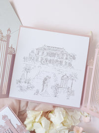 Bespoke Commission Illustration Venue Ornamental Gate Laser Cut Modern Square Wedding Invitation Die Cut Envelope + RSVP Card