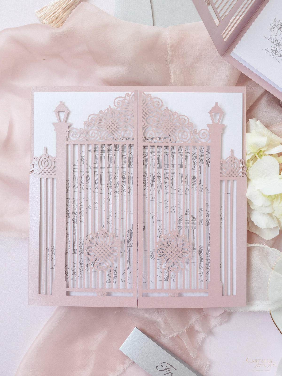 Bespoke Commission Illustration Venue Ornamental Gate Laser Cut Modern Square Wedding Invitation Die Cut Envelope + RSVP Card