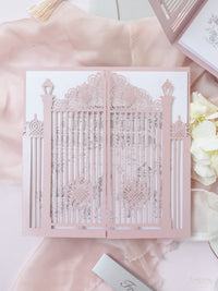 Bespoke Commission Illustration Venue Ornamental Gate Laser Cut Modern Square Wedding Invitation Die Cut Envelope + RSVP Card