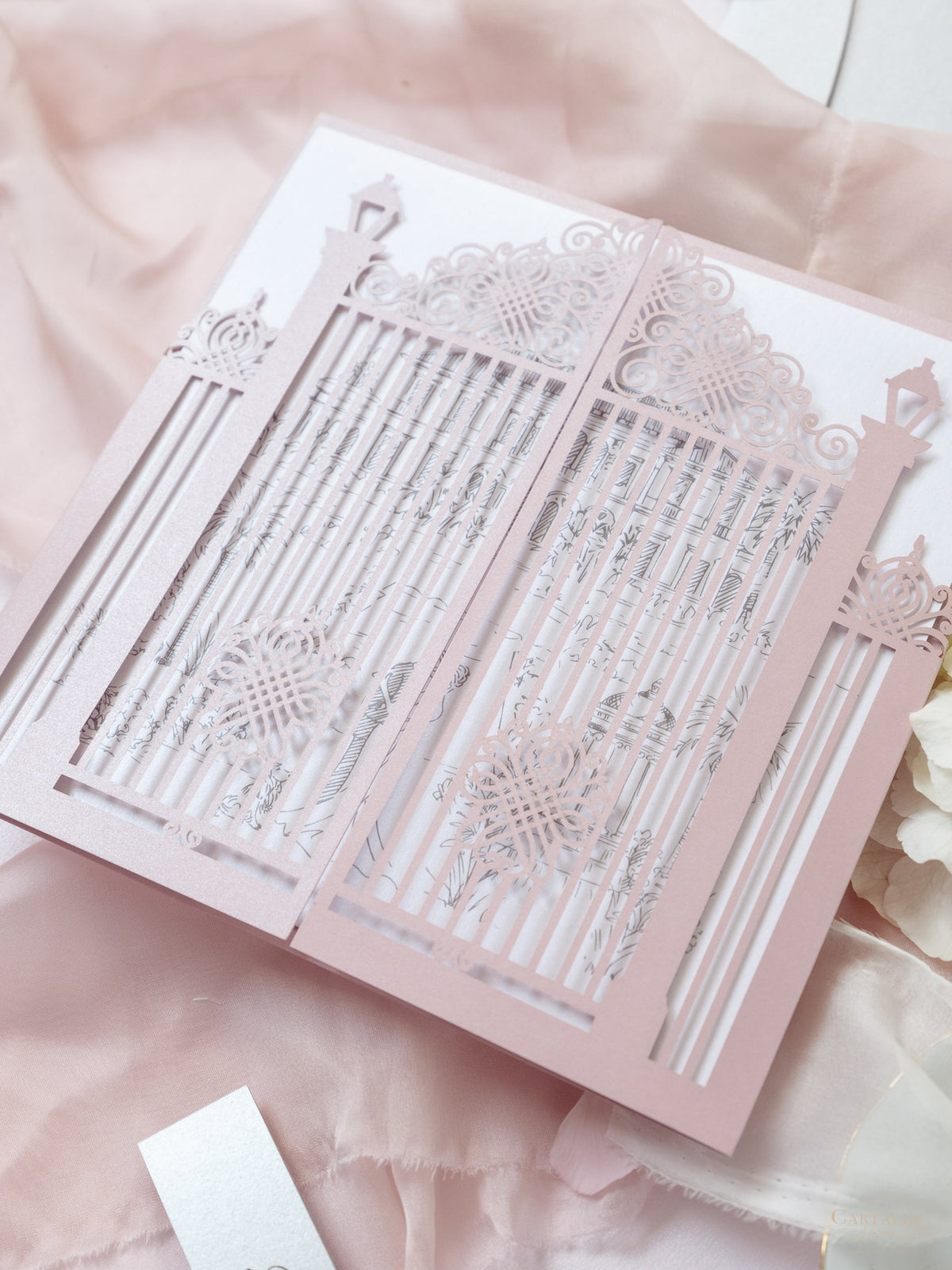 Bespoke Commission Illustration Venue Ornamental Gate Laser Cut Modern Square Wedding Invitation Die Cut Envelope + RSVP Card