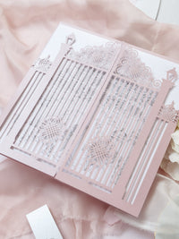 Bespoke Commission Illustration Venue Ornamental Gate Laser Cut Modern Square Wedding Invitation Die Cut Envelope + RSVP Card