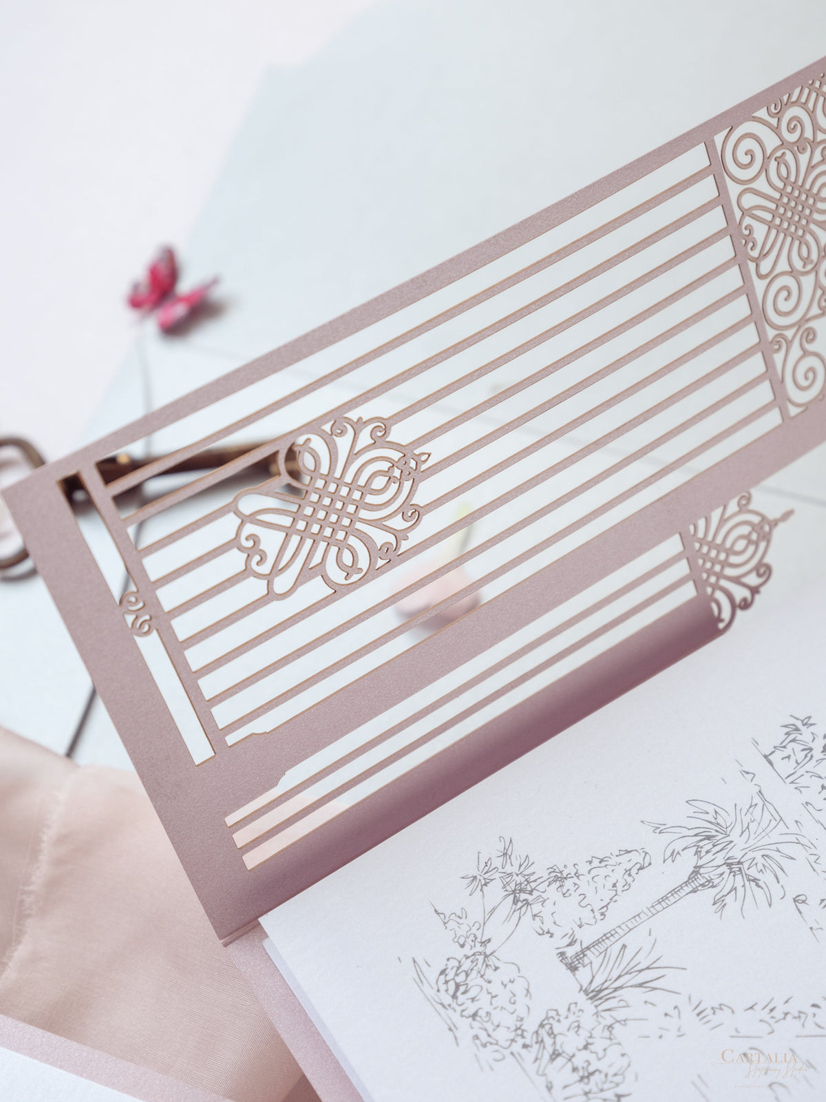 Bespoke Commission Illustration Venue Ornamental Gate Laser Cut Modern Square Wedding Invitation Die Cut Envelope + Rsvp Card