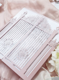 Bespoke Commission Illustration Venue Ornamental Gate Laser Cut Modern Square Wedding Invitation Die Cut Envelope + RSVP Card