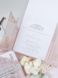 Bespoke Commission Illustration Venue Ornamental Gate Laser Cut Modern Square Wedding Invitation Die Cut Envelope + RSVP Card