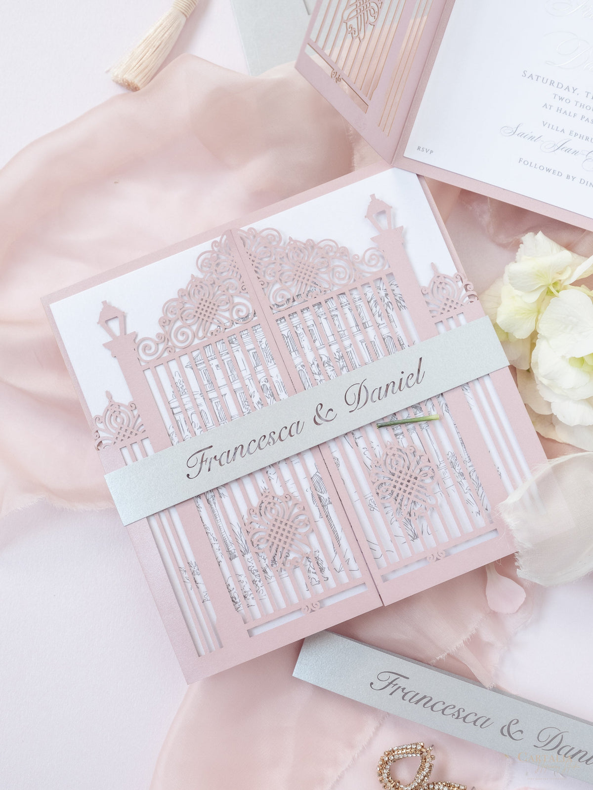 Bespoke Commission Illustration Venue Ornamental Gate Laser Cut Modern Square Wedding Invitation Die Cut Envelope + Rsvp Card