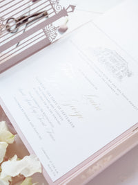 Bespoke Commission Illustration Venue Ornamental Gate Laser Cut Modern Square Wedding Invitation Die Cut Envelope + Rsvp Card