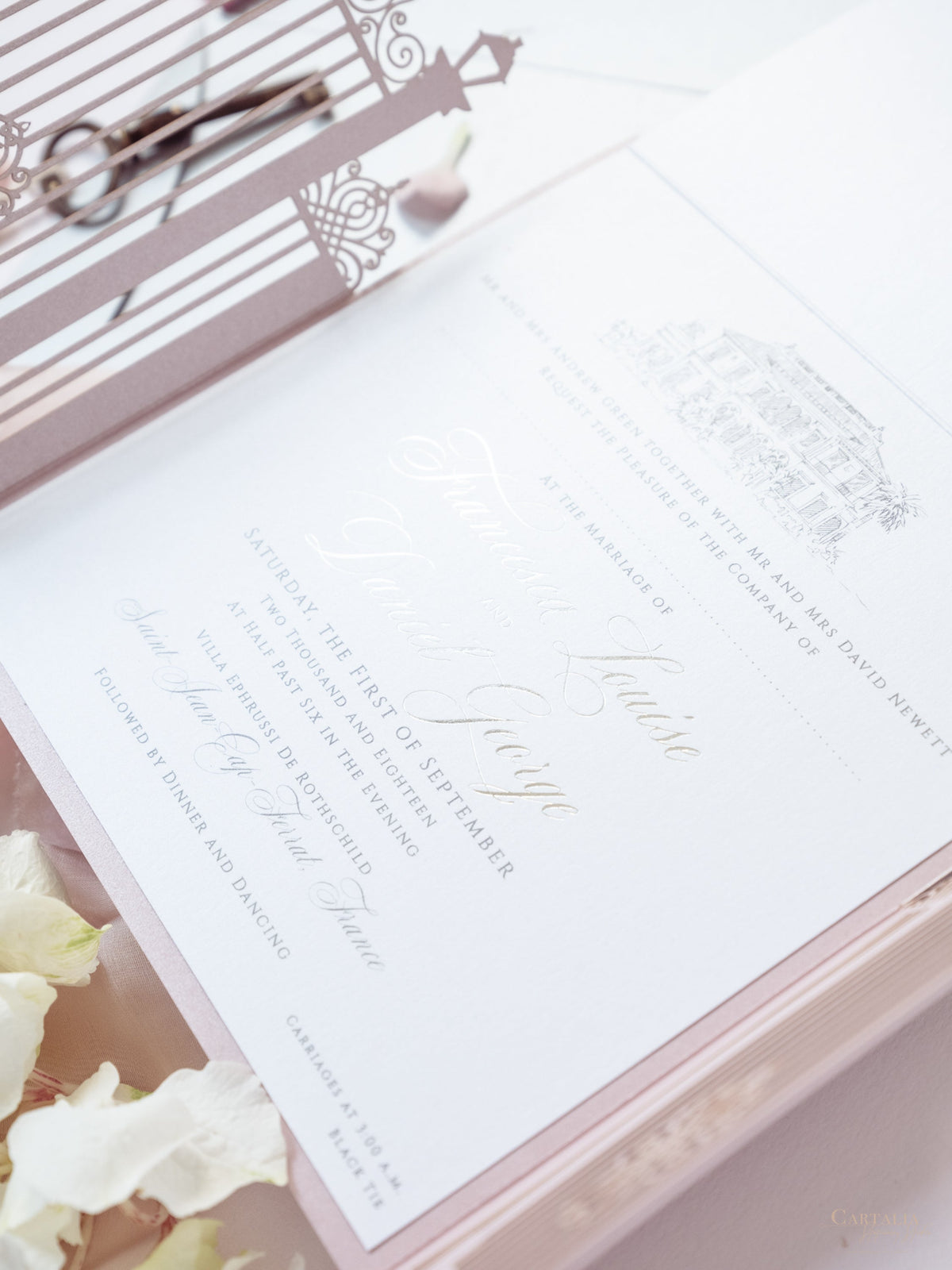 Bespoke Commission Illustration Venue Ornamental Gate Laser Cut Modern Square Wedding Invitation Die Cut Envelope + Rsvp Card