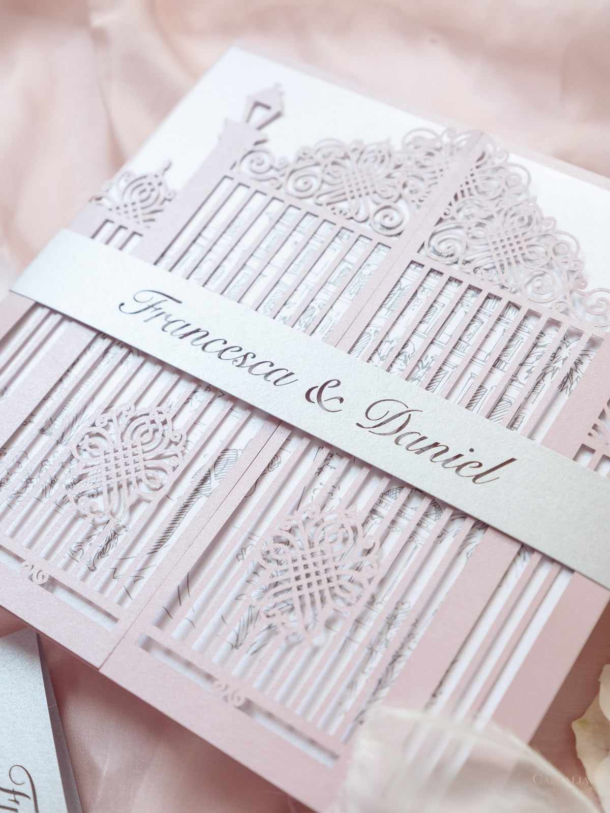 Bespoke Commission Illustration Venue Ornamental Gate Laser Cut Modern Square Wedding Invitation Die Cut Envelope + RSVP Card
