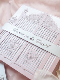 Bespoke Commission Illustration Venue Ornamental Gate Laser Cut Modern Square Wedding Invitation Die Cut Envelope + RSVP Card