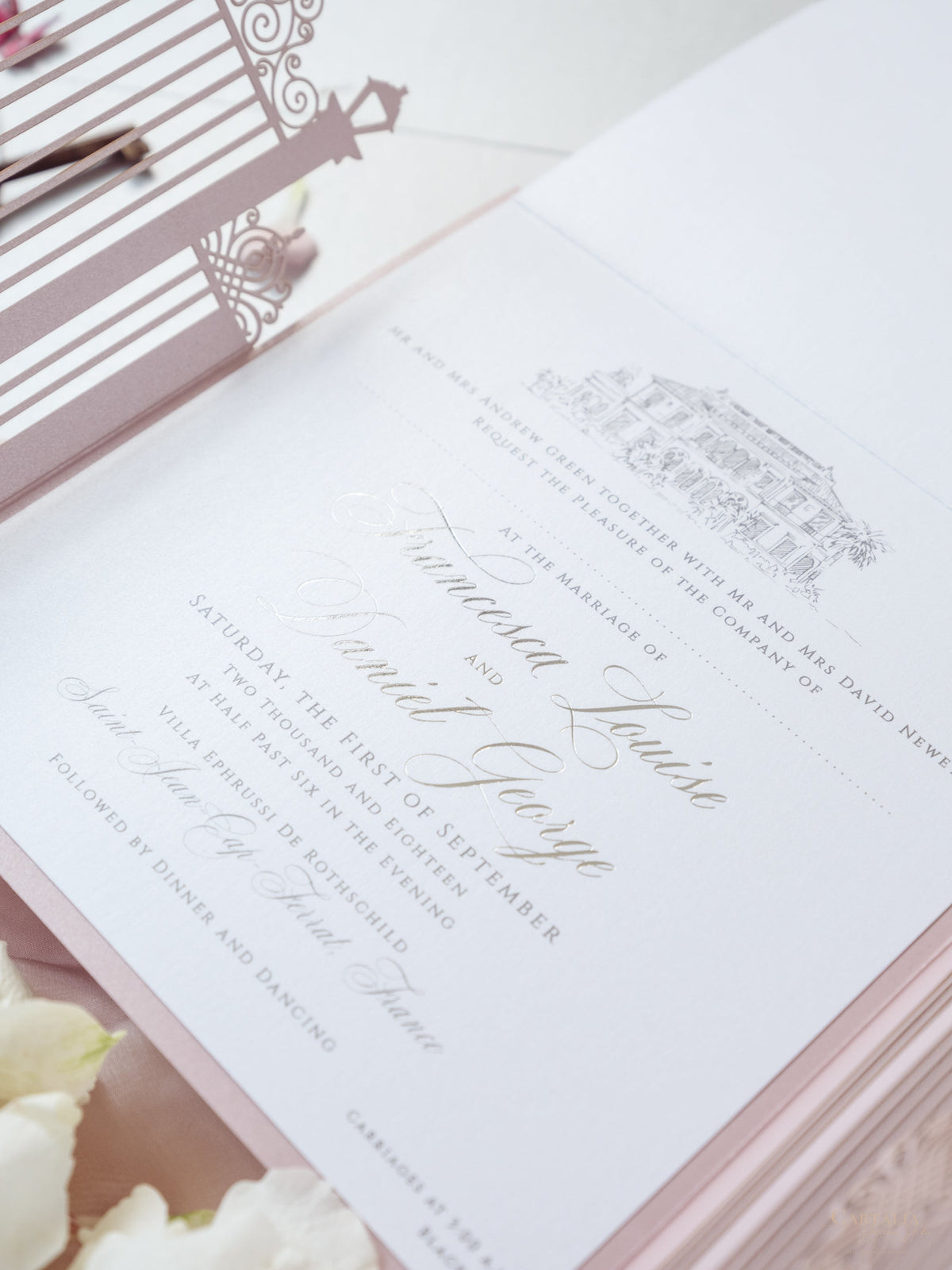 Bespoke Commission Illustration Venue Ornamental Gate Laser Cut Modern Square Wedding Invitation Die Cut Envelope + RSVP Card