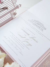 Bespoke Commission Illustration Venue Ornamental Gate Laser Cut Modern Square Wedding Invitation Die Cut Envelope + RSVP Card