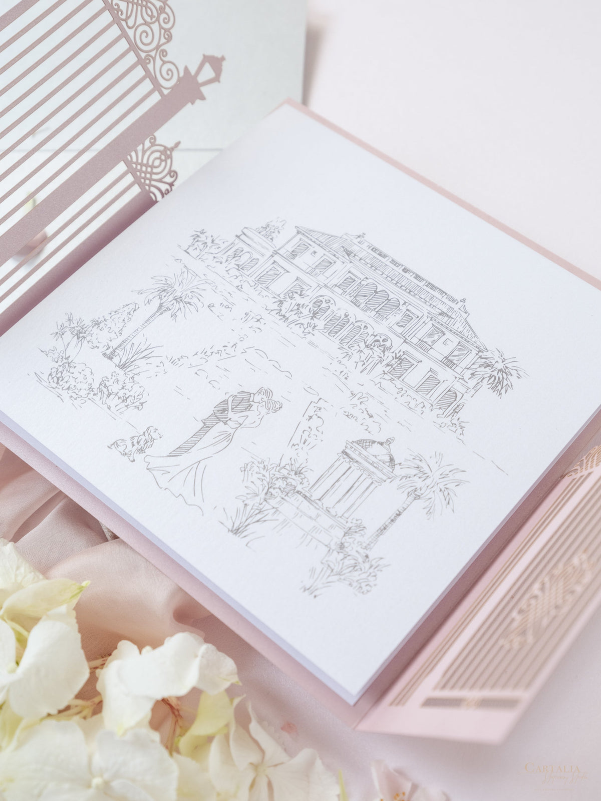 Bespoke Commission Illustration Venue Ornamental Gate Laser Cut Modern Square Wedding Invitation Die Cut Envelope + RSVP Card