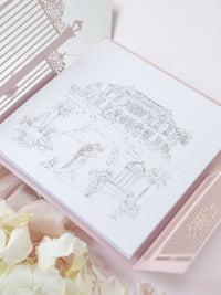 Bespoke Commission Illustration Venue Ornamental Gate Laser Cut Modern Square Wedding Invitation Die Cut Envelope + RSVP Card
