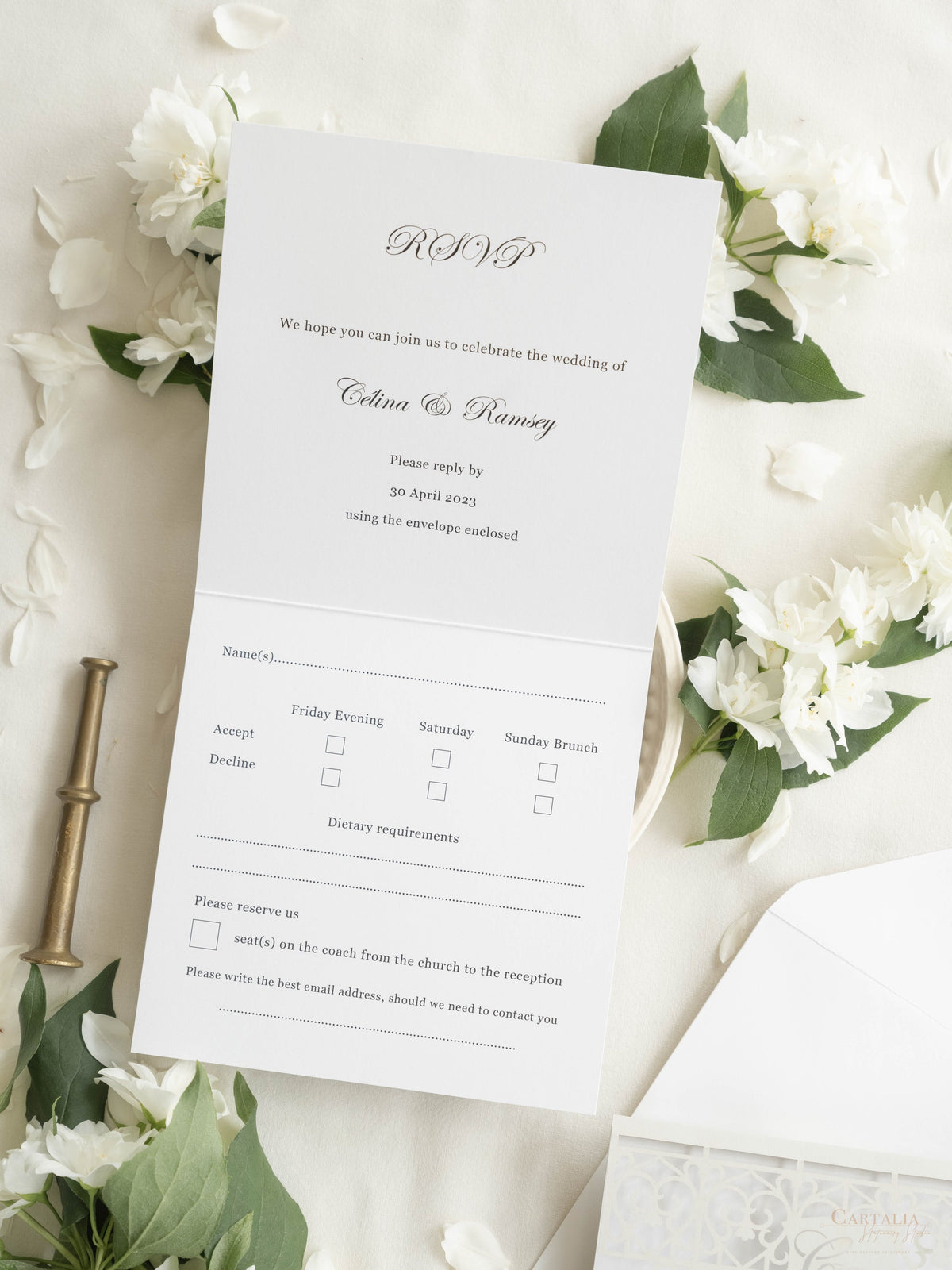 Rsvp Cards with Ornamental Laser Cut Detail & Gold Foil