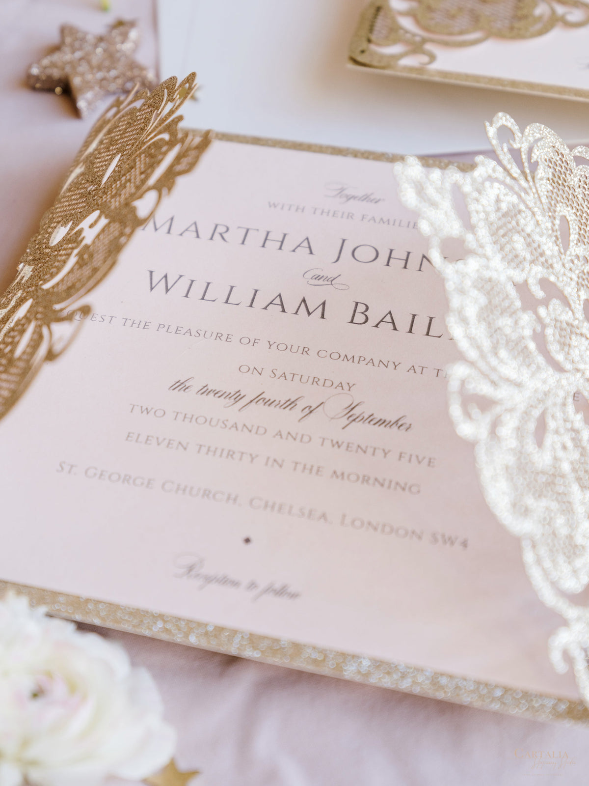 Gold Glitter Sparkle Laser cut Set Wedding Invitation with Monogram Belly Band