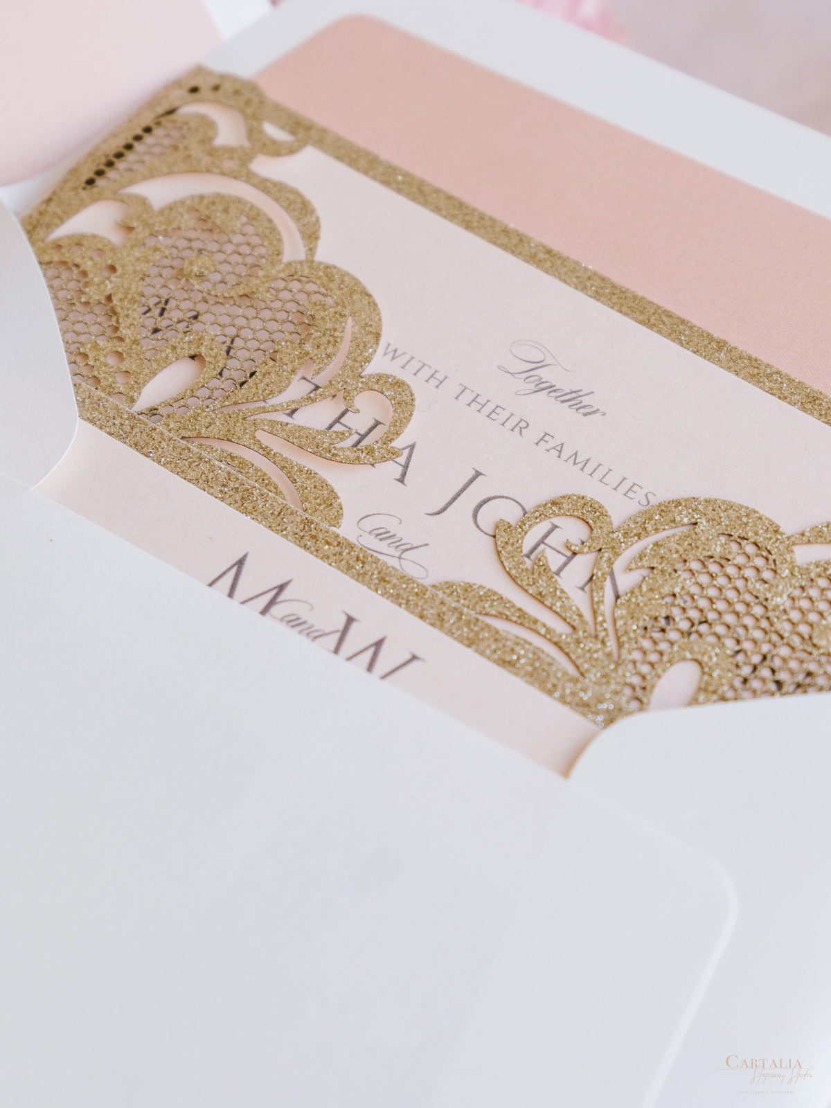 Gold Glitter Sparkle Laser cut Set Wedding Invitation with Monogram Belly Band