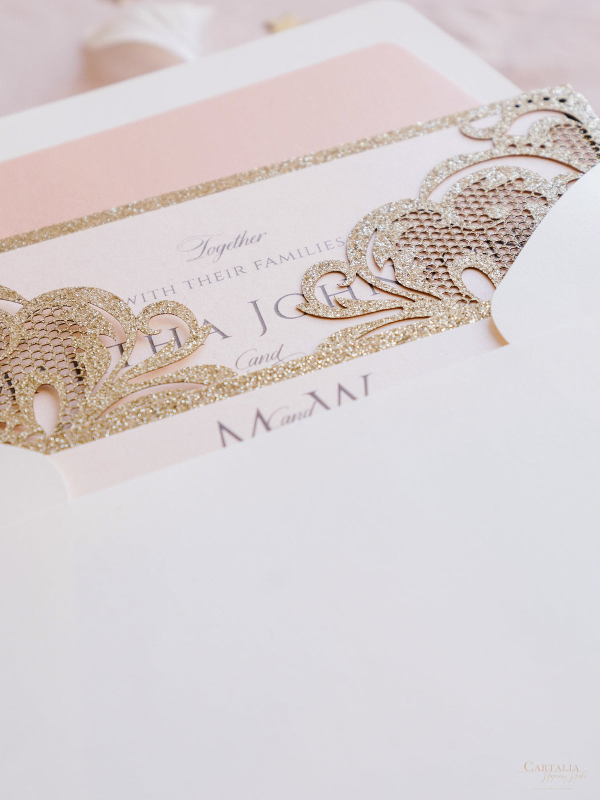 Gold Glitter Sparkle Laser cut Set Wedding Invitation with Monogram Belly Band