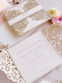 Gold Glitter Sparkle Laser cut Set Wedding Invitation with Monogram Belly Band