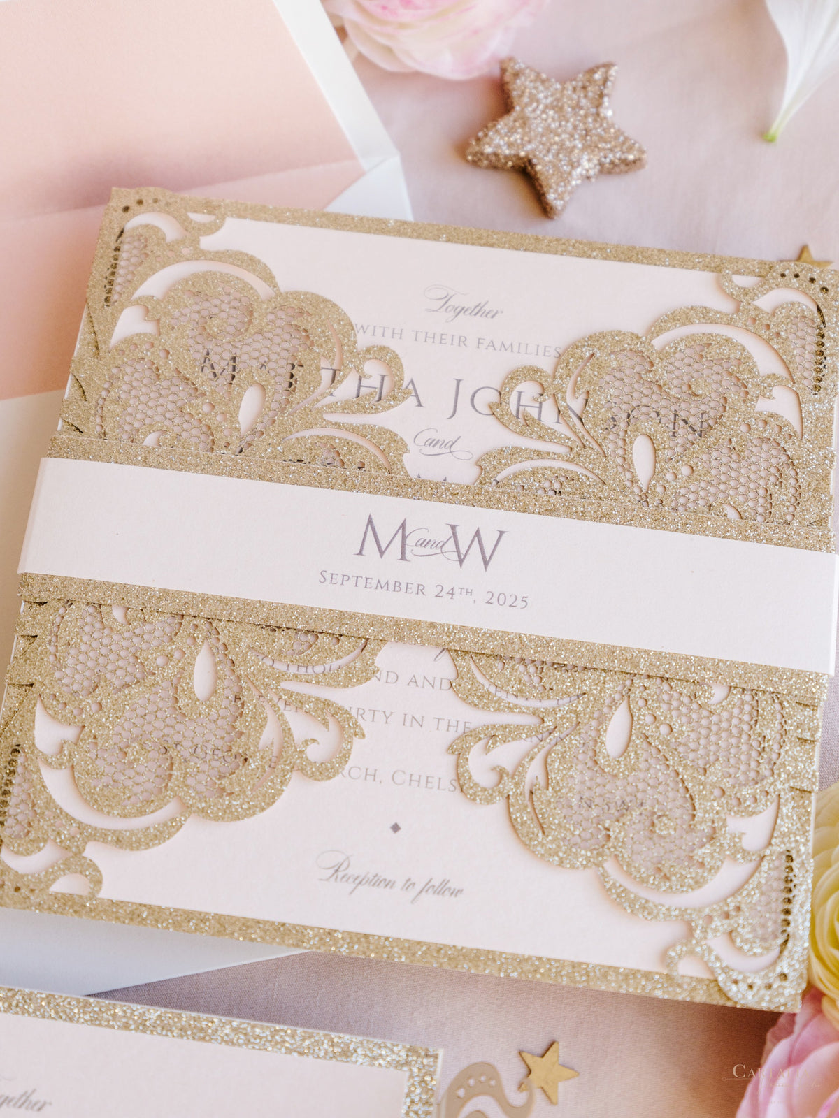 Gold Glitter Sparkle Laser cut Set Wedding Invitation with Monogram Belly Band