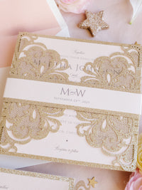 Gold Glitter Sparkle Laser cut Set Wedding Invitation with Monogram Belly Band