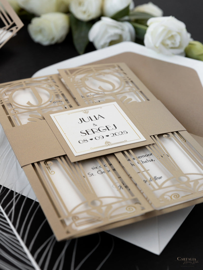 Golden Hollywood Lasercut Gate, Great Gatsby Wedding Invitation with Belly Band Monogram