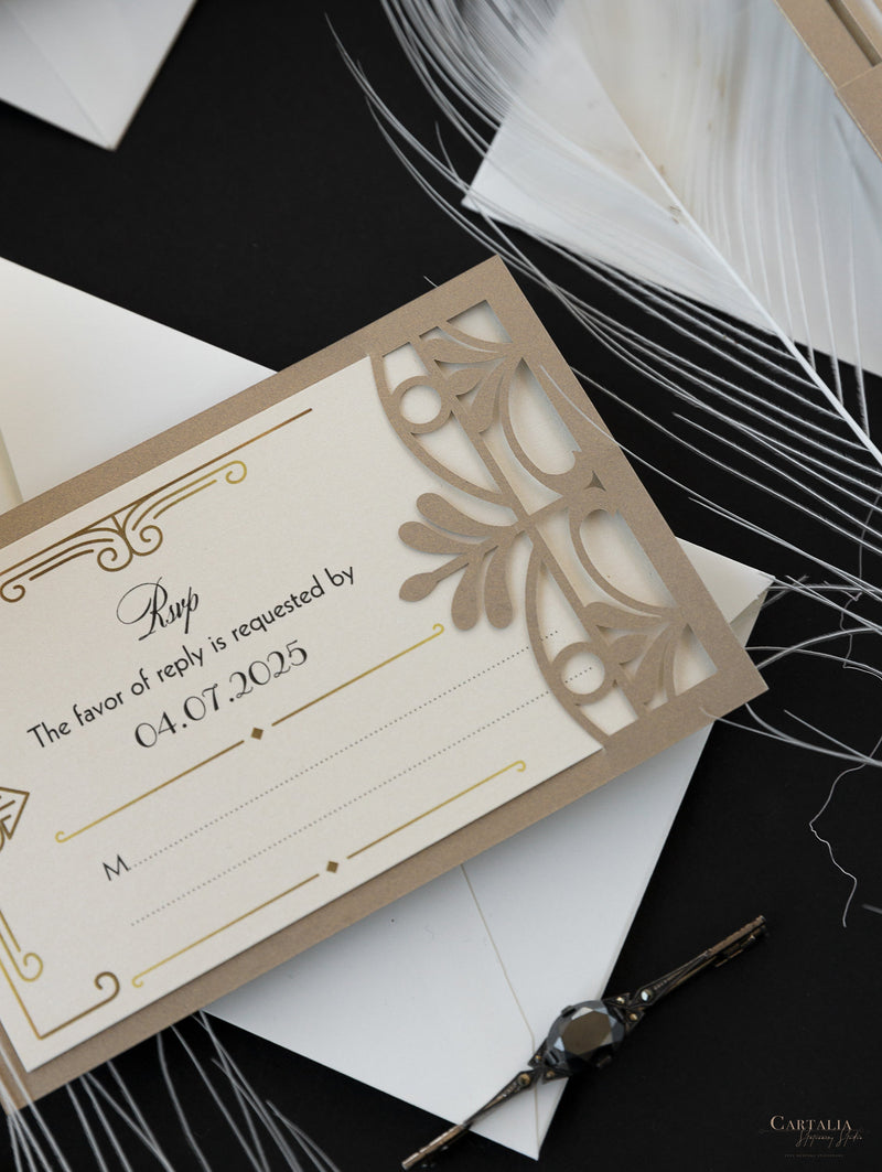 Golden Hollywood Lasercut Gate, Great Gatsby Wedding Invitation with Belly Band Monogram