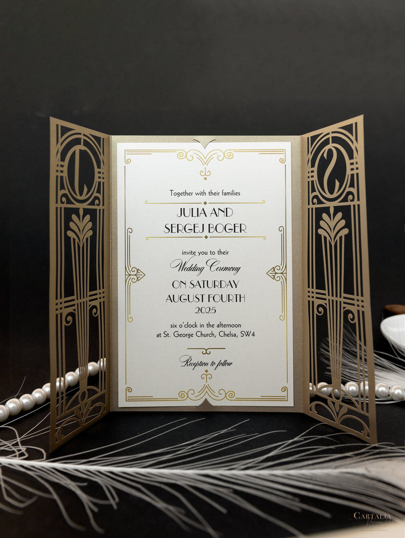 Golden Hollywood Lasercut Gate, gran invitación de boda Gatsby con monograma de banda para el vientre