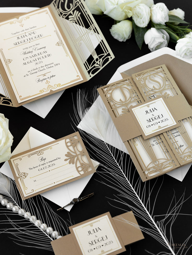 Golden Hollywood Lasercut Gate, Great Gatsby Wedding Invitation with Belly Band Monogram