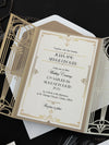 Golden Hollywood Lasercut Gate, gran invitación de boda Gatsby con monograma de banda para el vientre