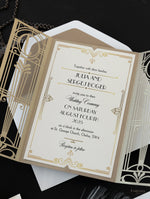 Golden Hollywood Lasercut Gate, Great Gatsby Wedding Invitation with Belly Band Monogram