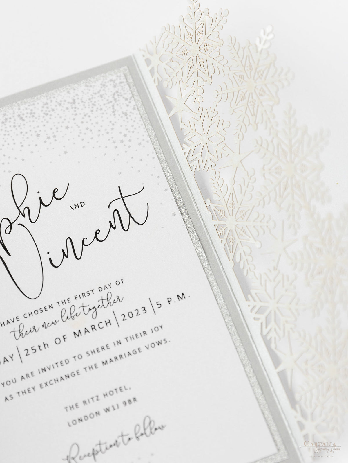 White Winter a Snowflake Laser Cut Gatefold Wedding Day Invitation with Glitter Backing