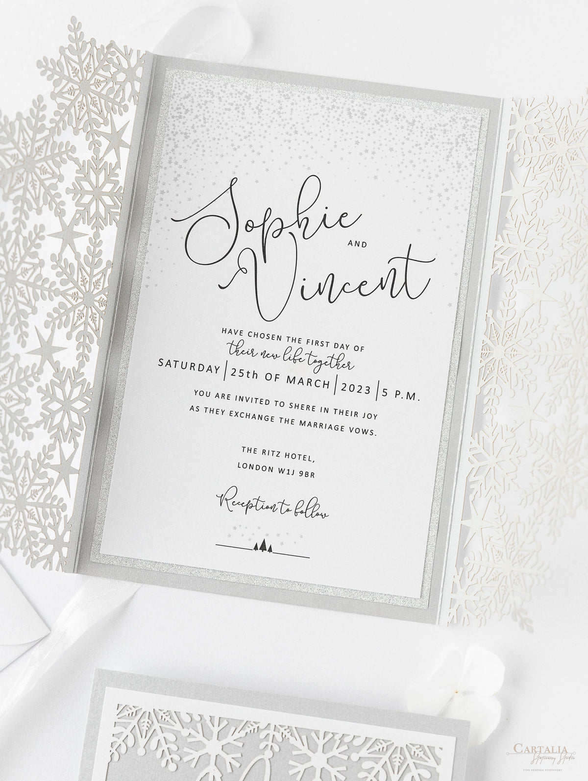 White Winter a Snowflake Laser Cut Gatefold Wedding Day Invitation with Glitter Backing