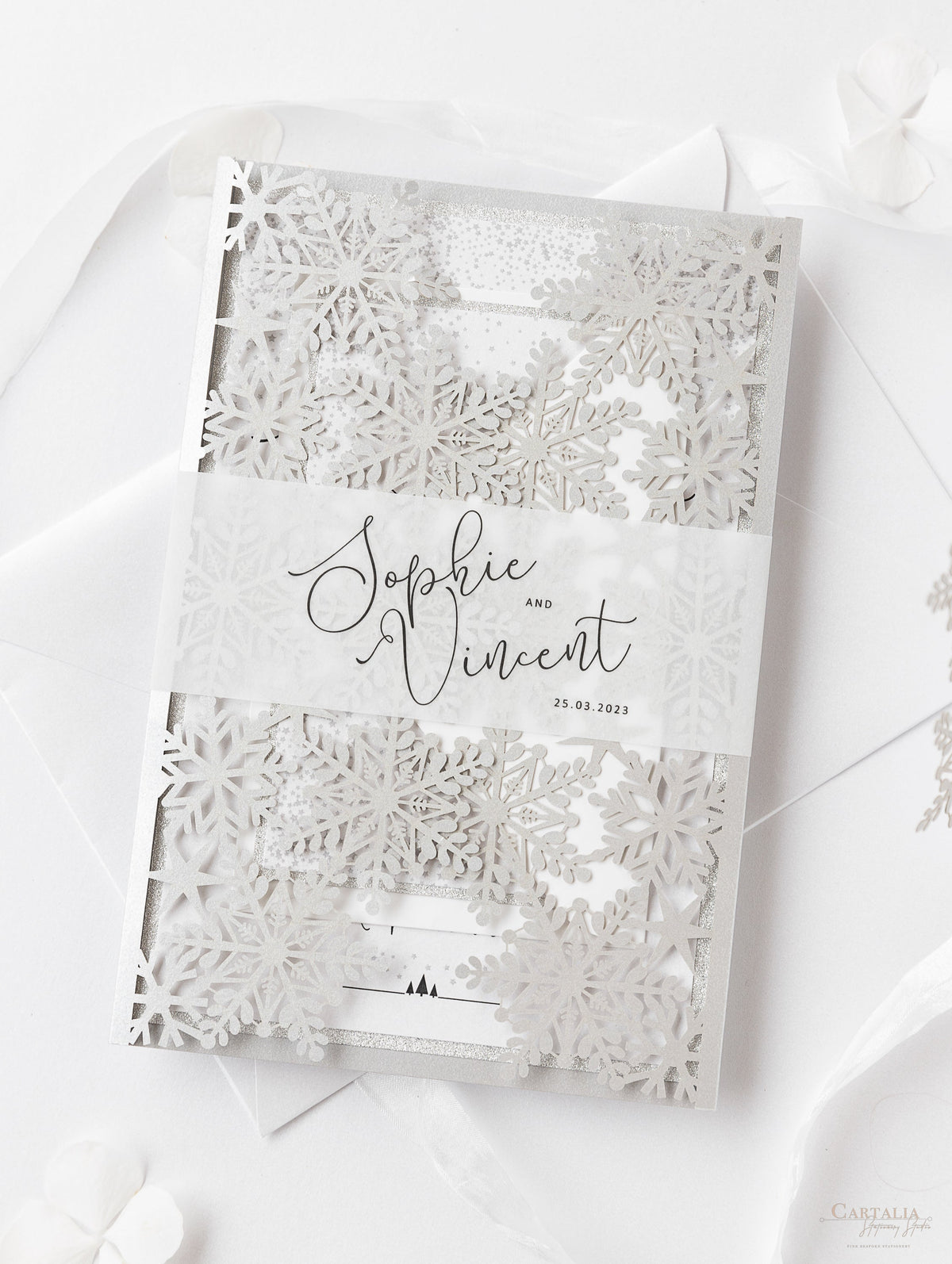 White Winter a Snowflake Laser Cut Gatefold Wedding Day Invitation with Glitter Backing