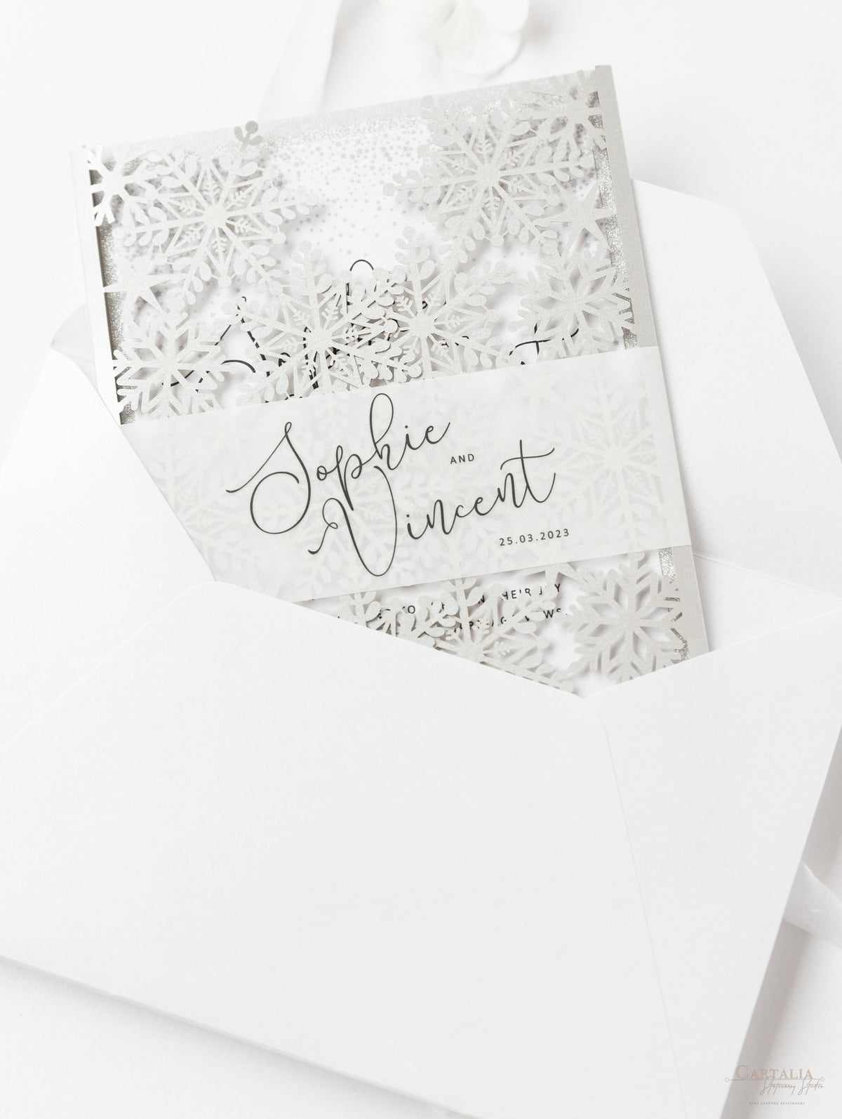 White Winter a Snowflake Laser Cut Gatefold Wedding Day Invitation with Glitter Backing