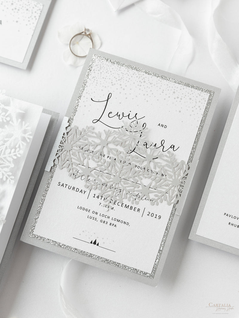White Winter a Snowflake Laser Cut band Wedding Evening Invitation with Glitter Backing