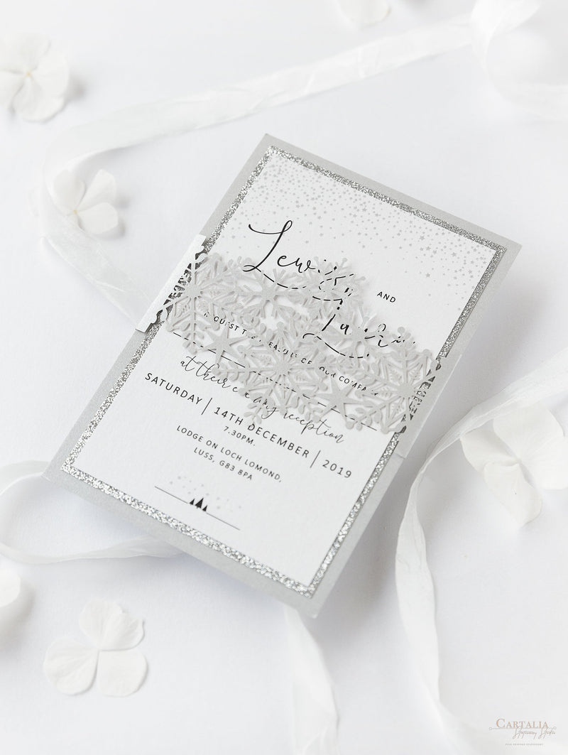 White Winter a Snowflake Laser Cut band Wedding Evening Invitation with Glitter Backing