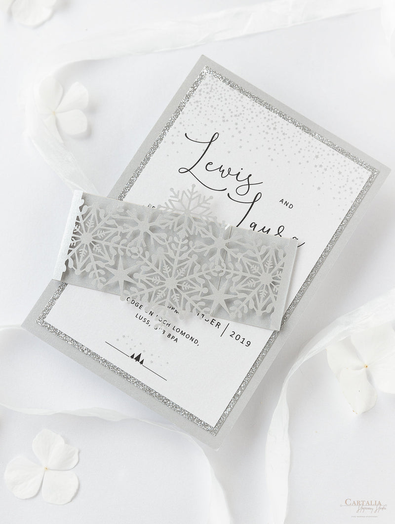 White Winter a Snowflake Laser Cut band Wedding Evening Invitation with Glitter Backing