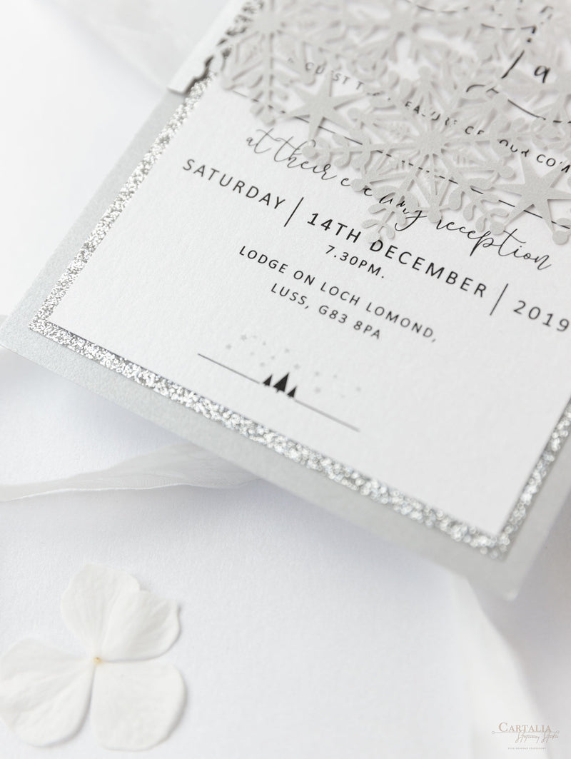 White Winter a Snowflake Laser Cut band Wedding Evening Invitation with Glitter Backing