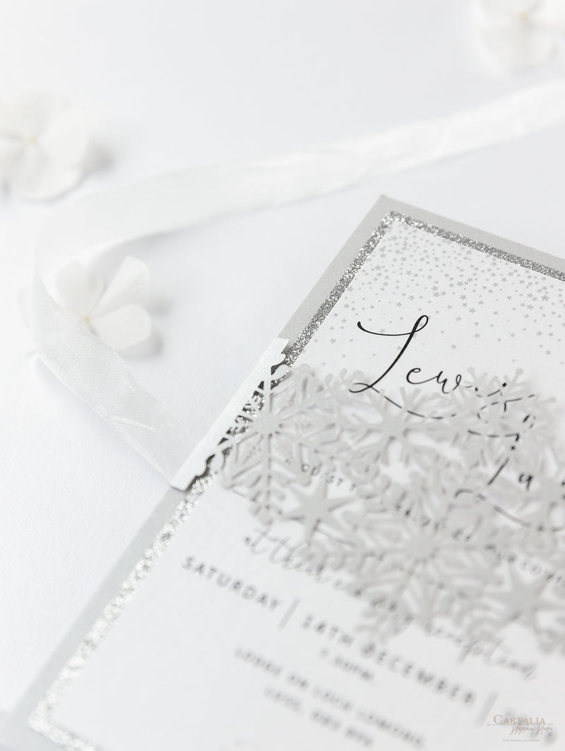 White Winter a Snowflake Laser Cut band Wedding Evening Invitation with Glitter Backing