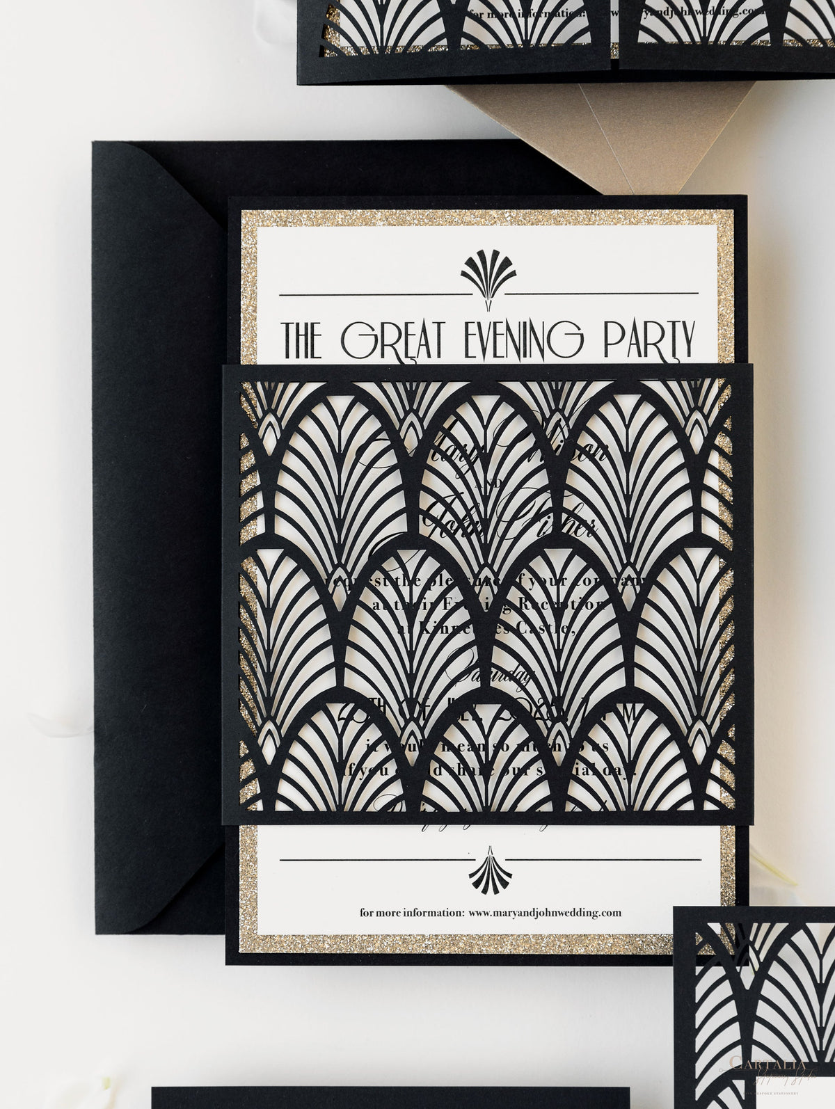 Invitación de noche de boda con manga cortada con láser, estilo Art Déco brillante de lujo, años 20, Gatsby Gate