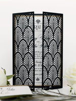 Luxury Glittering Art Deco 20s Gatsby Gate Laser Cut Gatefold Wedding Day Invitation with Gold envelopes