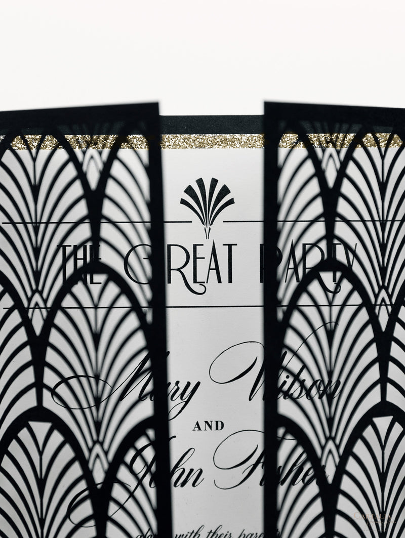 Luxury Glittering Art Deco 20s Gatsby Gate Laser Cut Gatefold Wedding Day Invitation with Gold envelopes